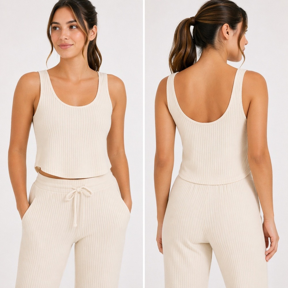 Beyond Yoga Tank Top Womens M Ivory Well Traveled Ribbed Athleisure Minimal New